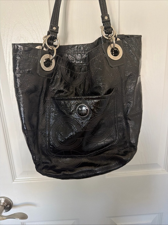 Coach Handbags - Coach Black Patent Leather Logo Tote with Front Pocket and Silver Hardware